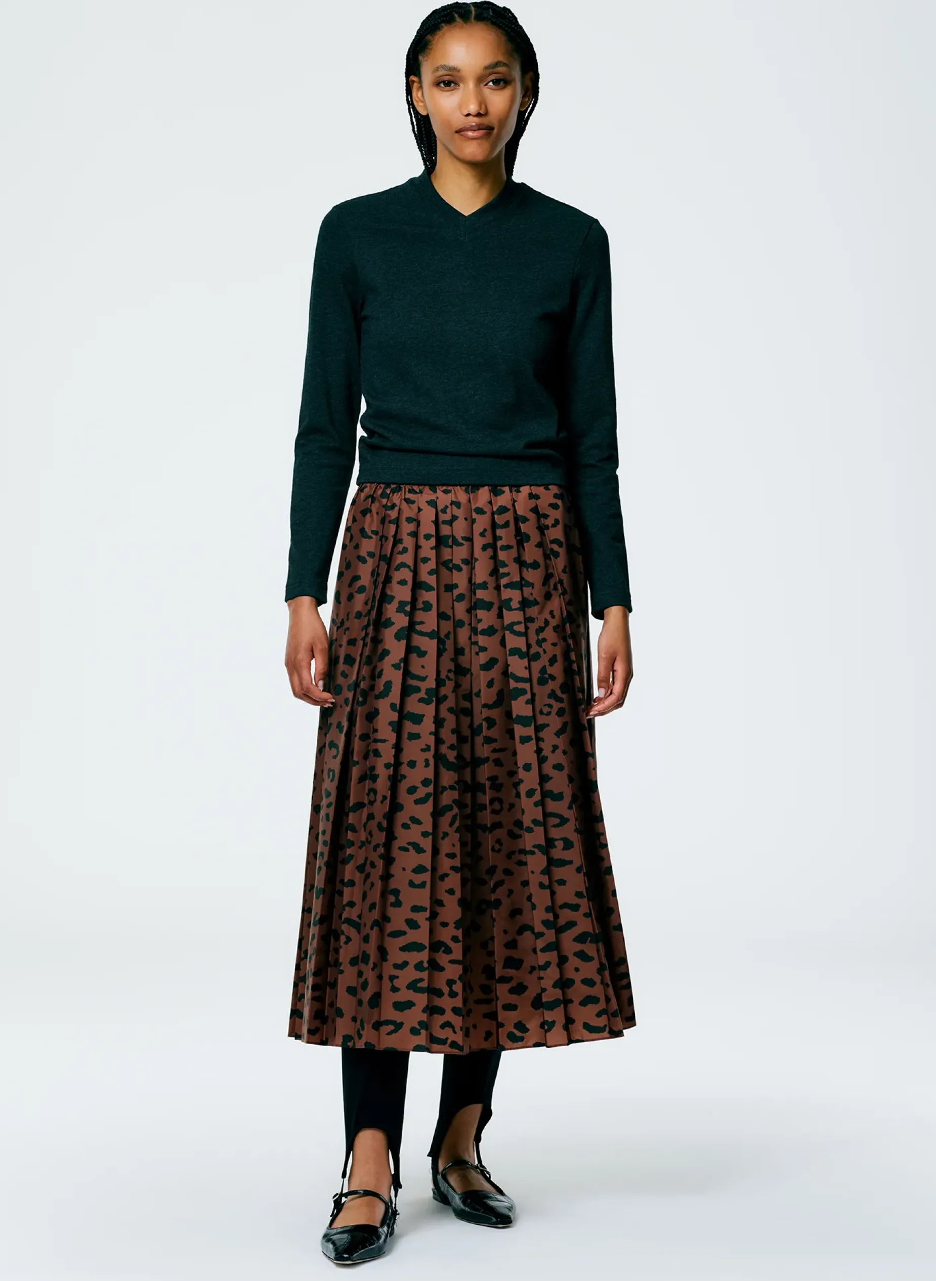 Skirts>Tibi Recycled Sporty Nylon Cheetah Pleated Pull On Skirt Brown Multi