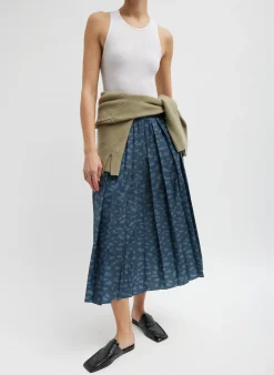 Skirts>Tibi Recycled Sporty Nylon Cheetah Pleated Pull On Skirt Navy Fog Multi