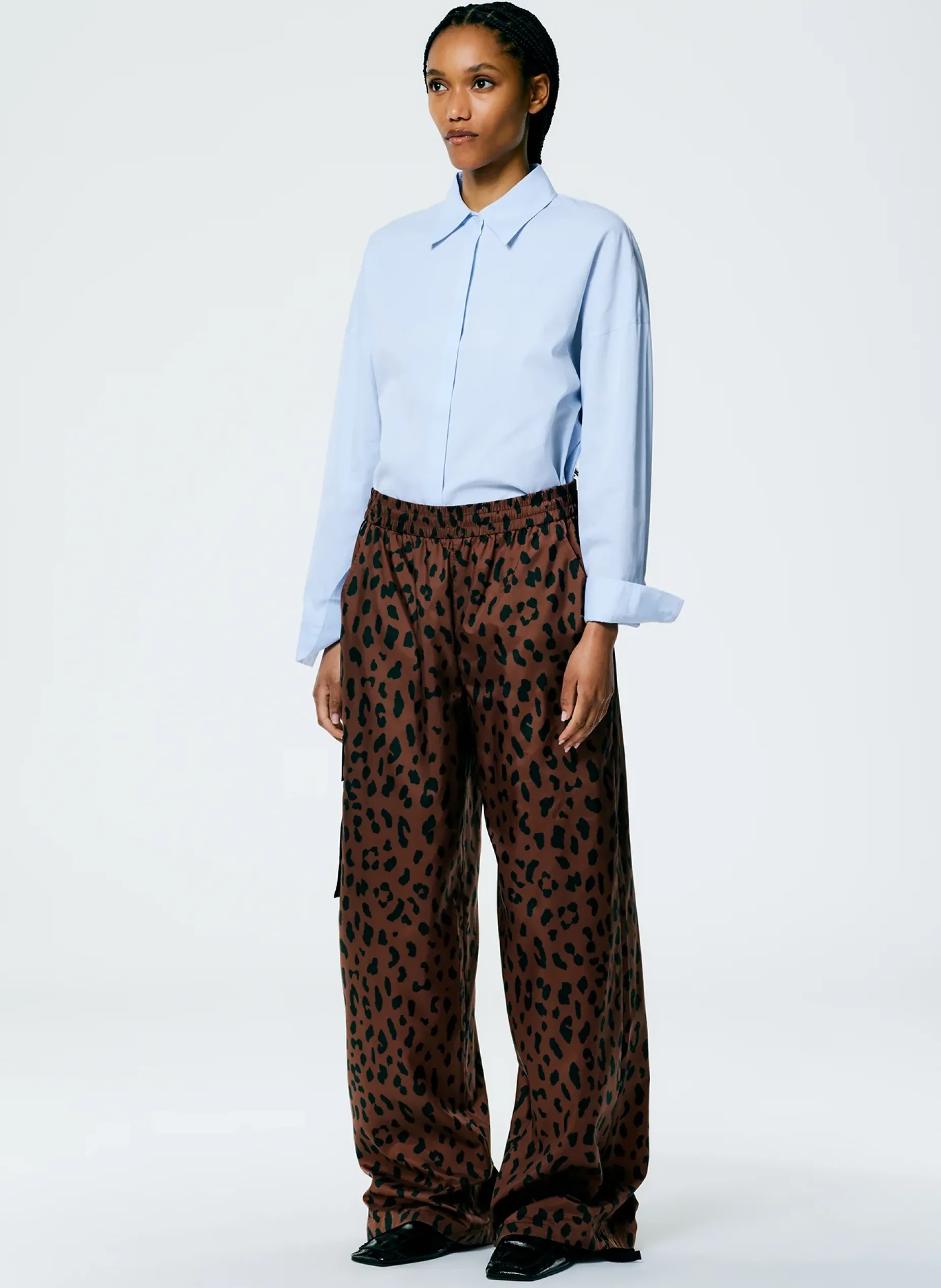 Pants & Shorts>Tibi Recycled Sporty Nylon Cheetah Wide Leg Pull On Pant Brown Multi
