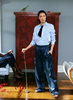 Pants & Shorts|Fundamentals - WOFs>Tibi Shiny Nylon Pleated Stella Cargo Pant Navy