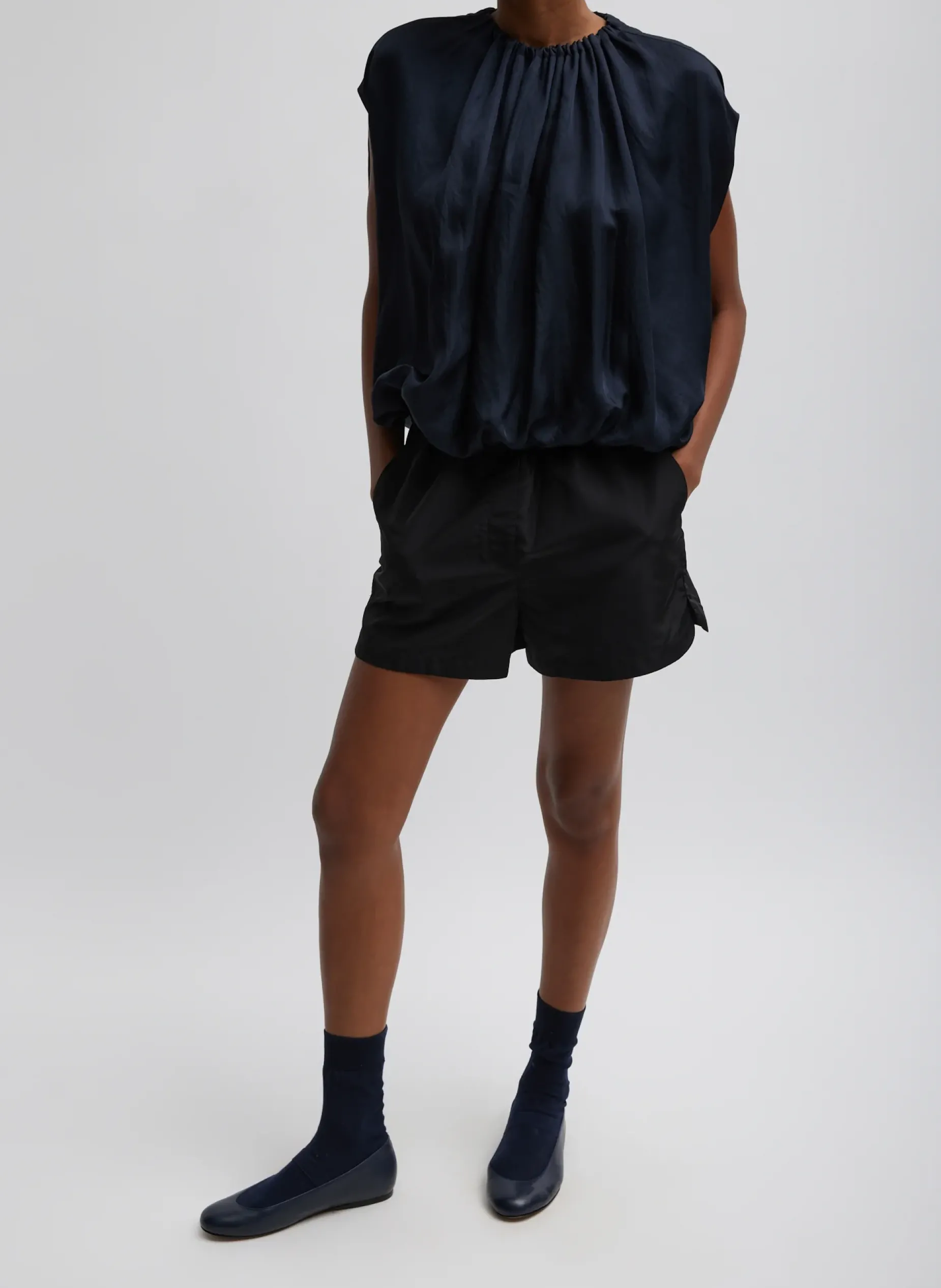 Suits|Pants & Shorts>Tibi Silk Nylon Pull On Shorts Black
