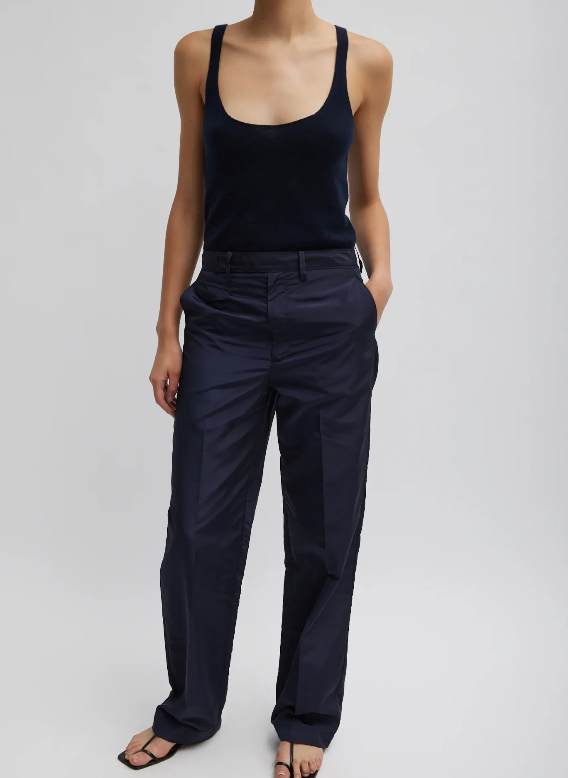 Suits|Pants & Shorts>Tibi Silk Nylon Straight Leg Trouser Navy