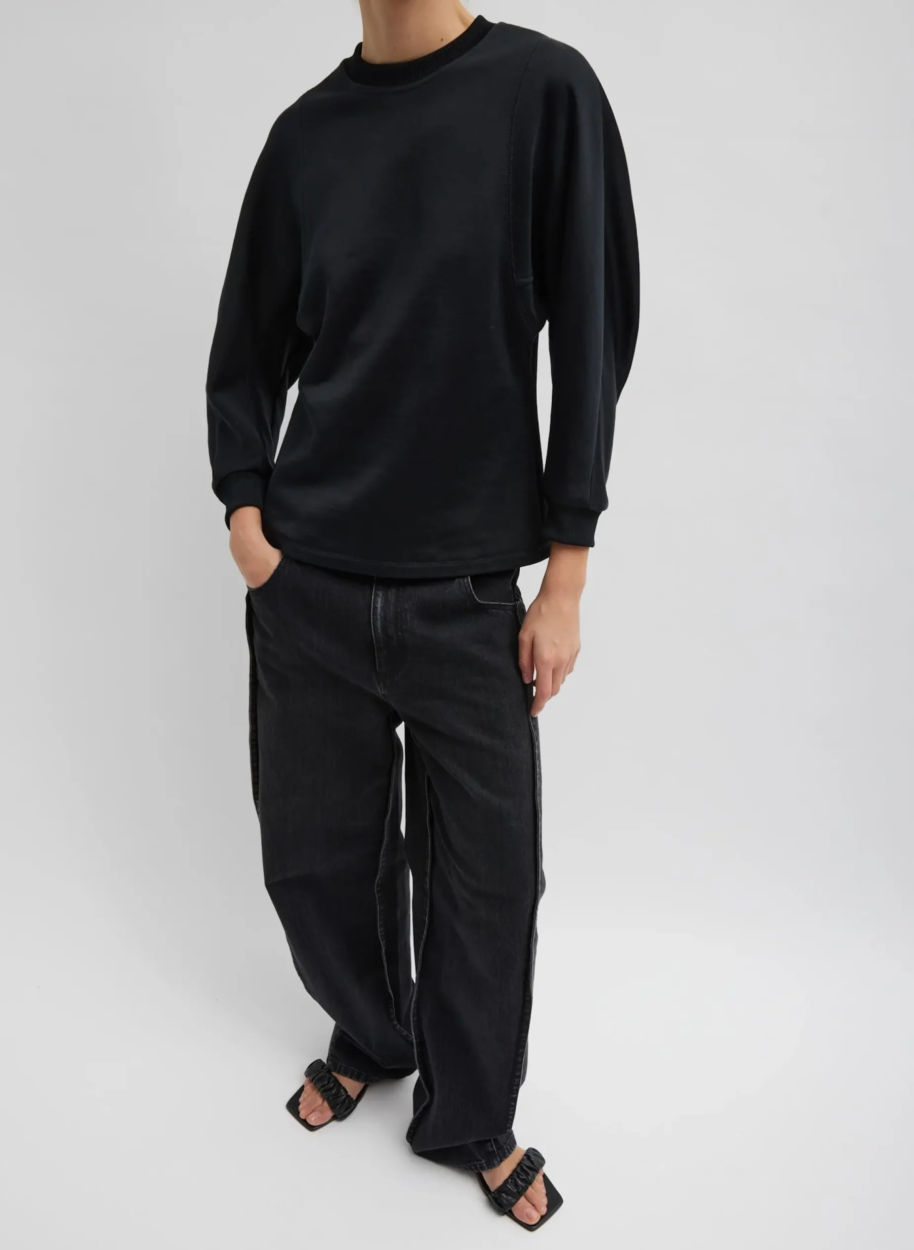 Leisure Sets|Knitwear & Sweatshirts>Tibi Silk Terry Sculpted Sleeve Slim Sweatshirt Black