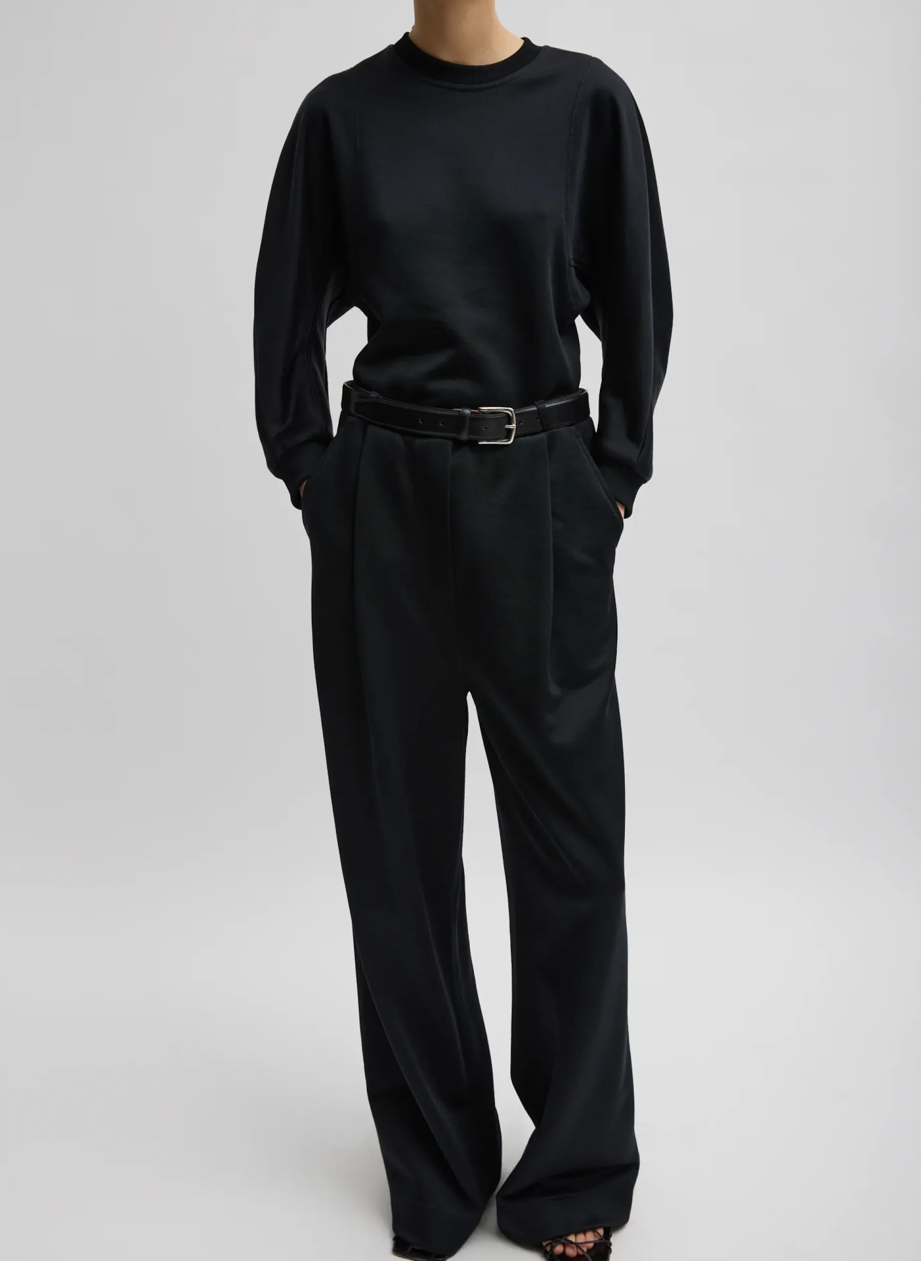 Leisure Sets|Knitwear & Sweatshirts>Tibi Silk Terry Sculpted Sleeve Slim Sweatshirt Black