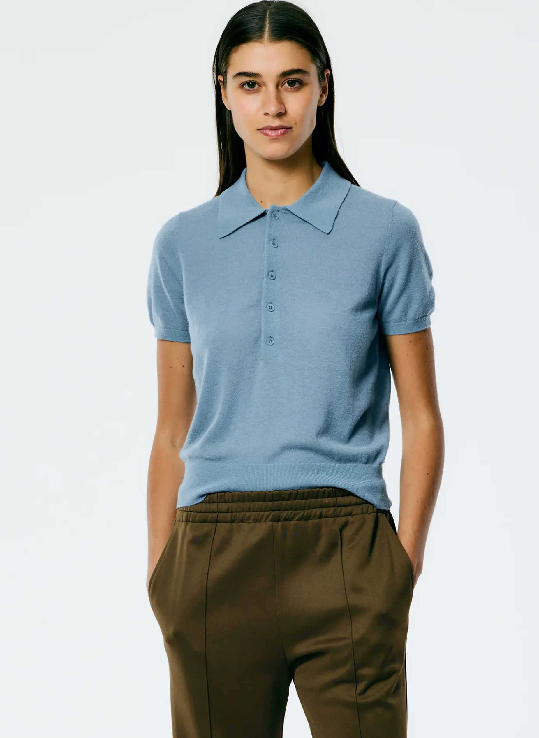 Knitwear & Sweatshirts>Tibi Skinlike Mercerized Wool Shrunken Polo Blue Mist