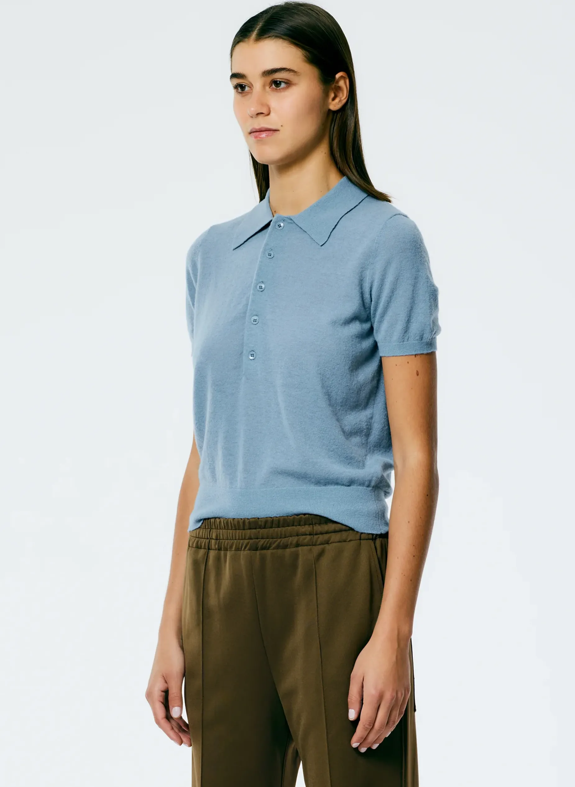 Knitwear & Sweatshirts>Tibi Skinlike Mercerized Wool Shrunken Polo Blue Mist