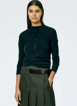 Knitwear & Sweatshirts>Tibi Skinlike Mercerized Wool Shrunken Polo Charcoal