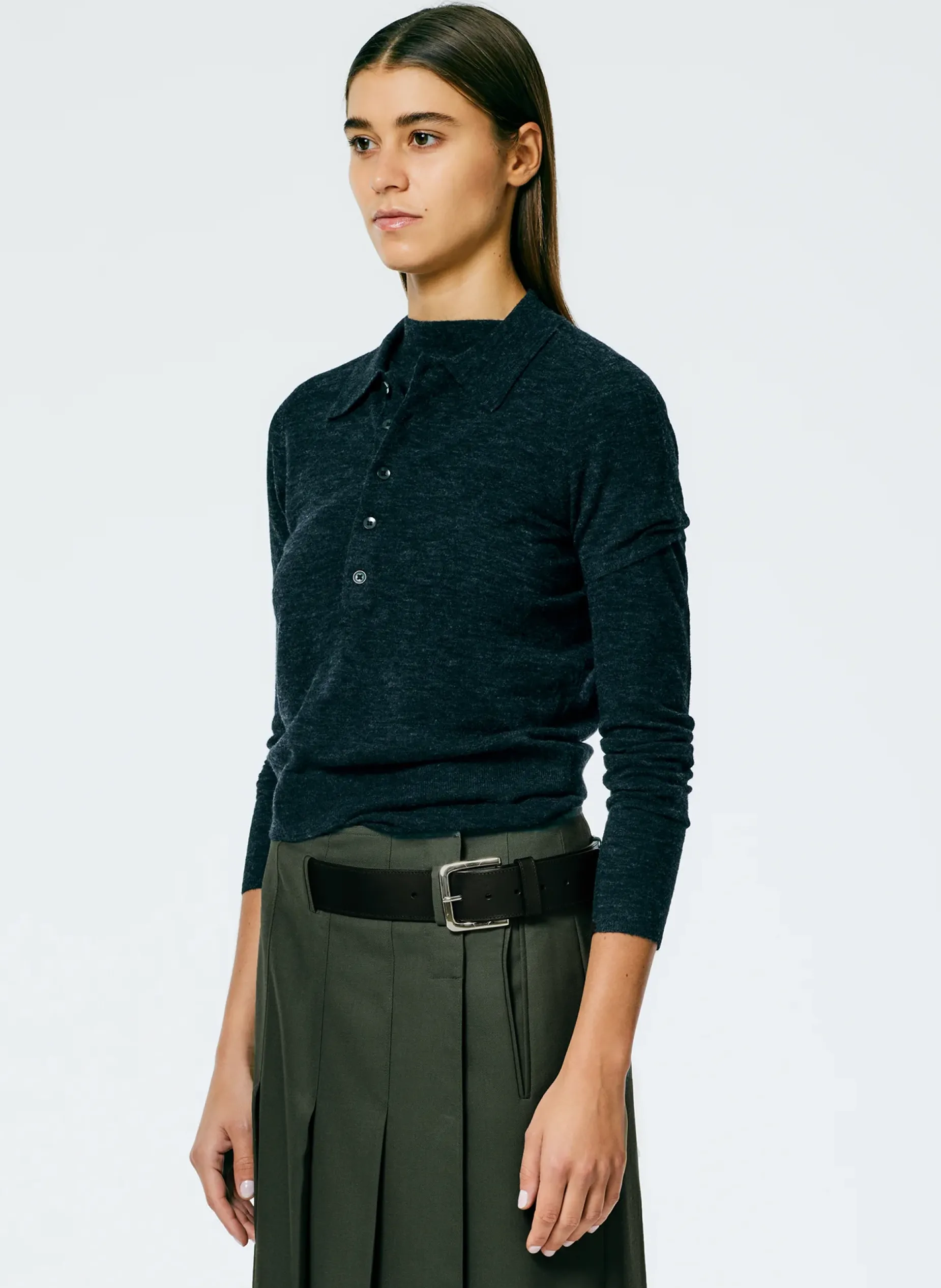 Knitwear & Sweatshirts>Tibi Skinlike Mercerized Wool Shrunken Polo Charcoal