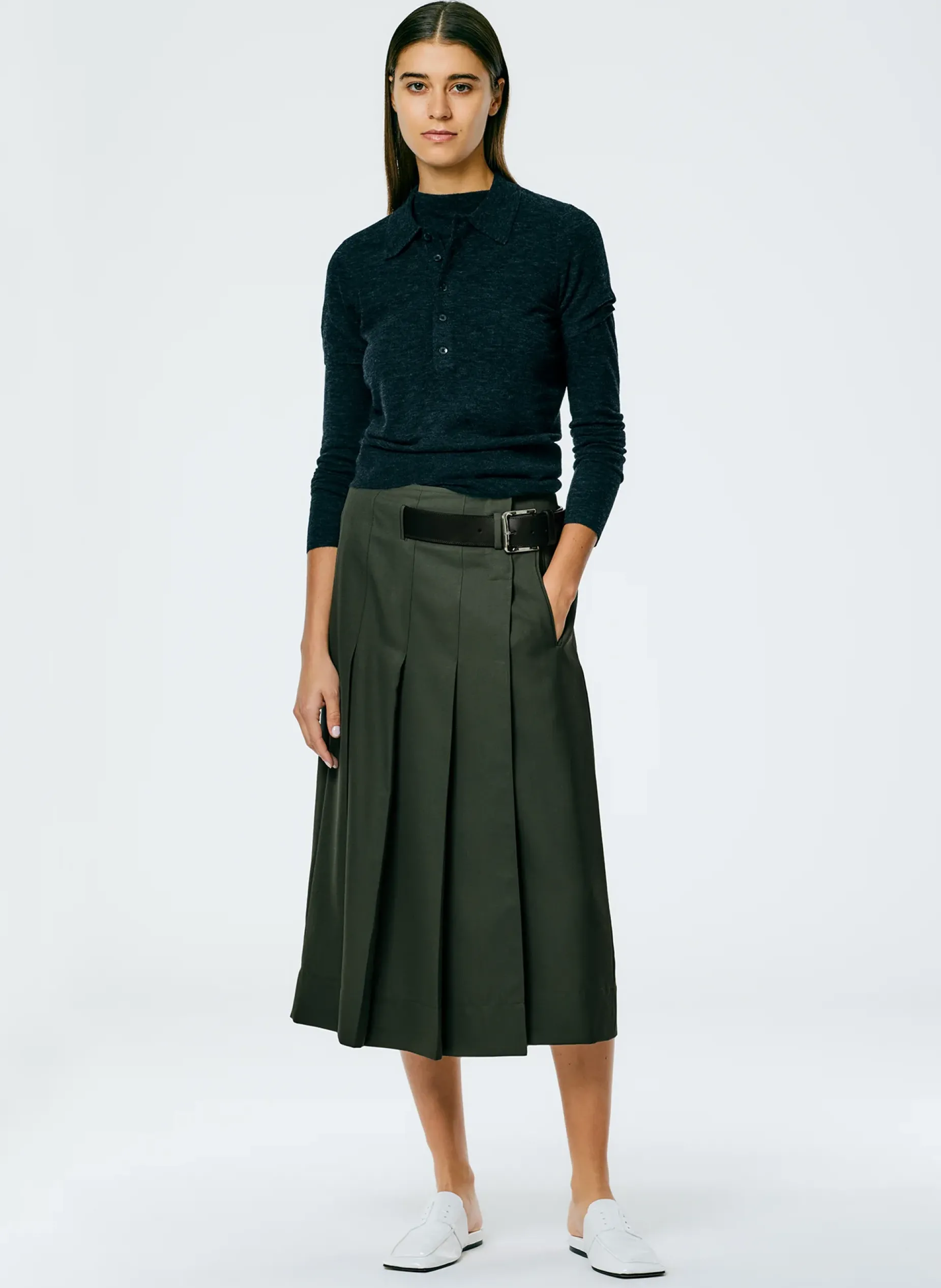 Knitwear & Sweatshirts>Tibi Skinlike Mercerized Wool Shrunken Polo Charcoal