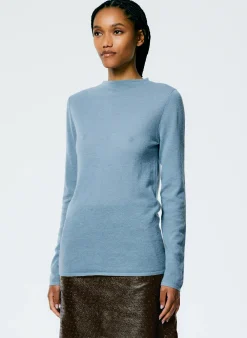 Knitwear & Sweatshirts>Tibi Skinlike Mercerized Wool Soft Sheer Pullover Blue Mist