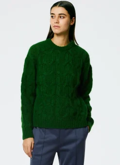 Knitwear & Sweatshirts>Tibi Soft Mohair Cable Crewneck Easy Pullover Grass