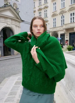 Knitwear & Sweatshirts>Tibi Soft Mohair Cable Crewneck Easy Pullover Grass