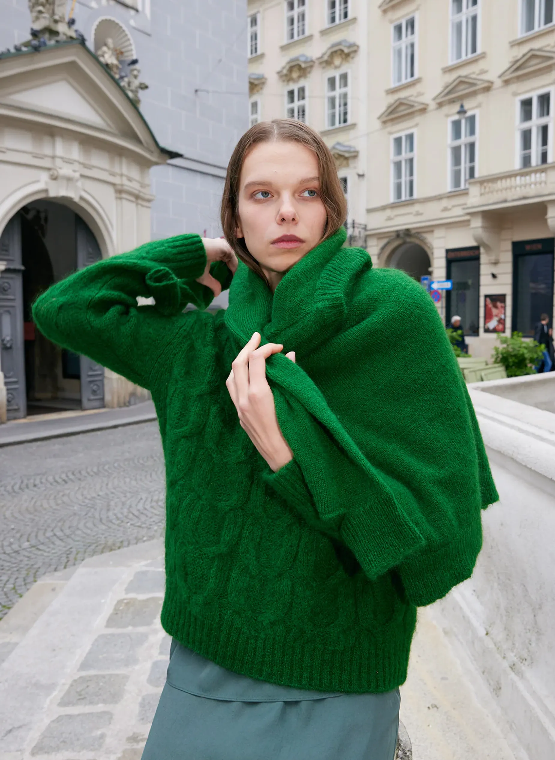 Knitwear & Sweatshirts>Tibi Soft Mohair Cable Crewneck Easy Pullover Grass