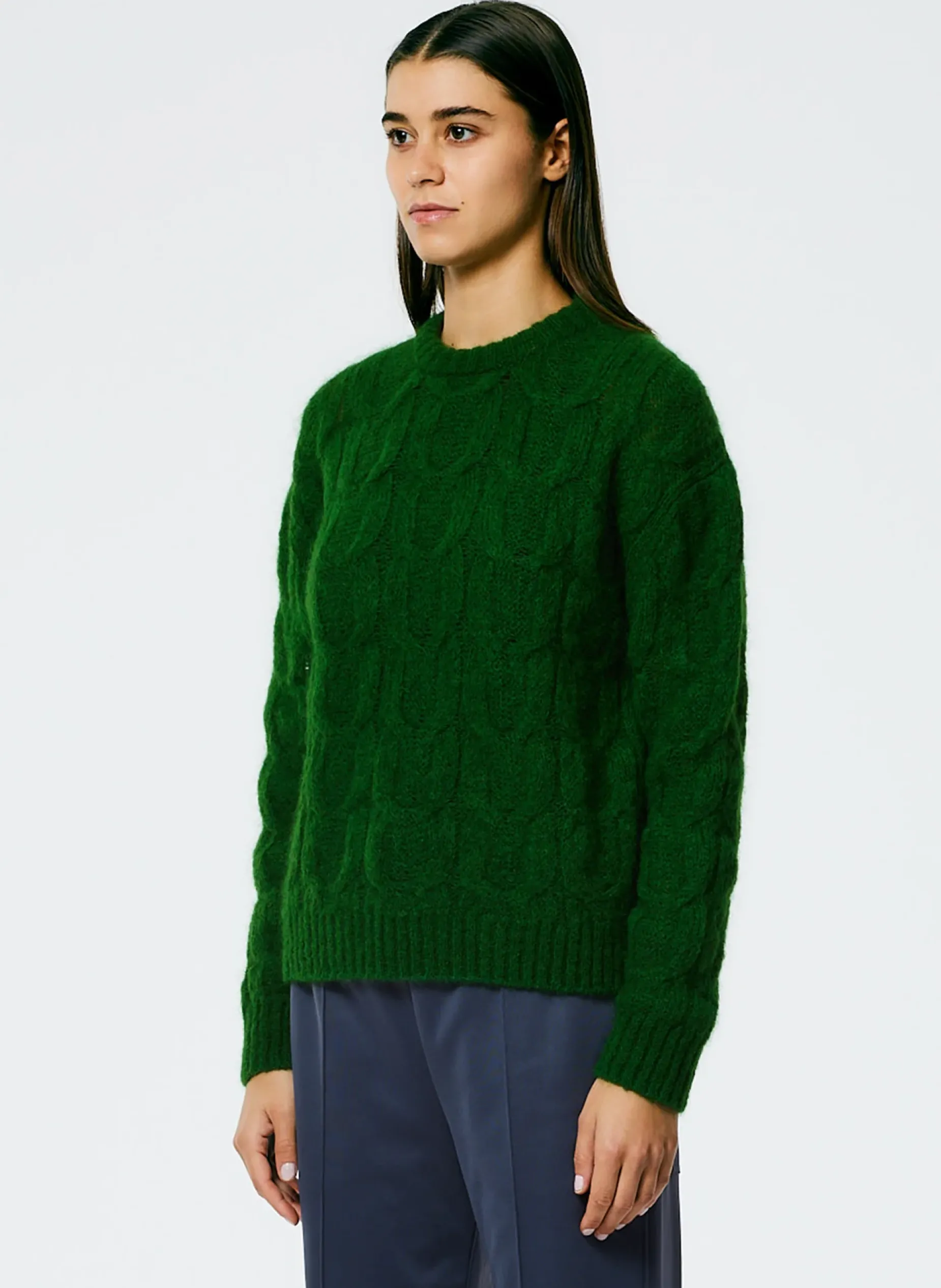 Knitwear & Sweatshirts>Tibi Soft Mohair Cable Crewneck Easy Pullover Grass