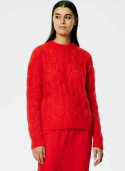 Knitwear & Sweatshirts>Tibi Soft Mohair Cable Crewneck Easy Pullover Red