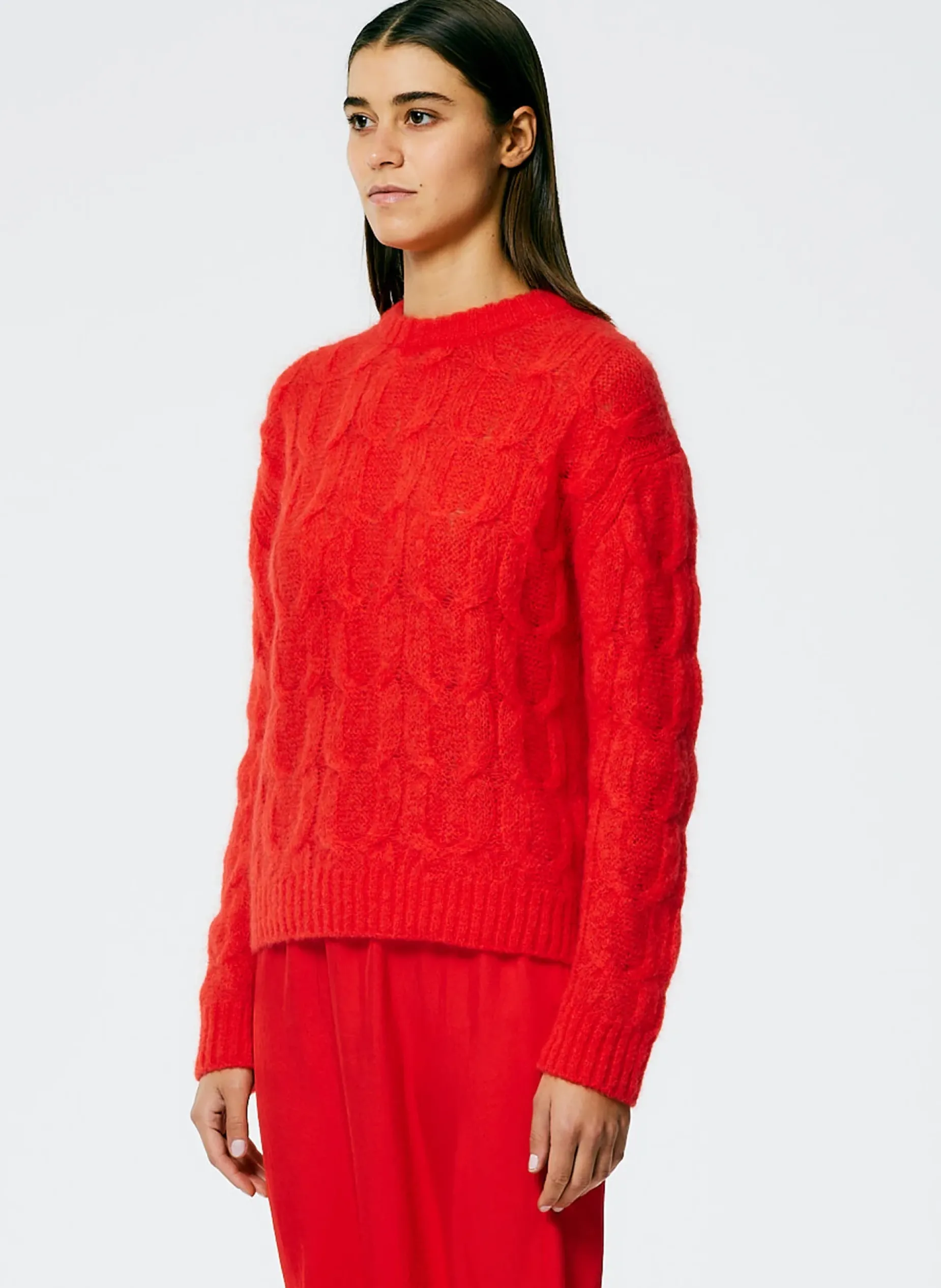 Knitwear & Sweatshirts>Tibi Soft Mohair Cable Crewneck Easy Pullover Red