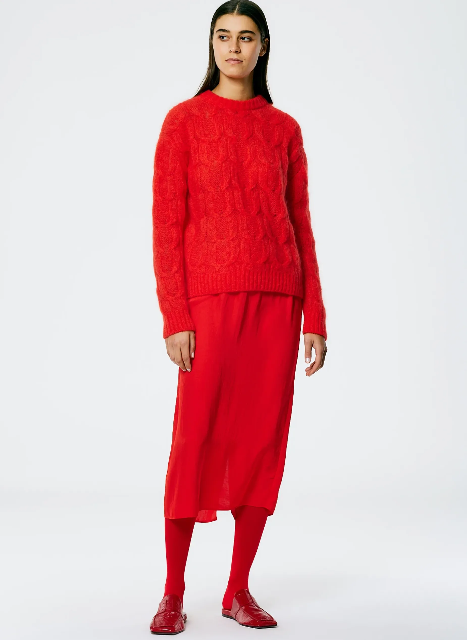Knitwear & Sweatshirts>Tibi Soft Mohair Cable Crewneck Easy Pullover Red