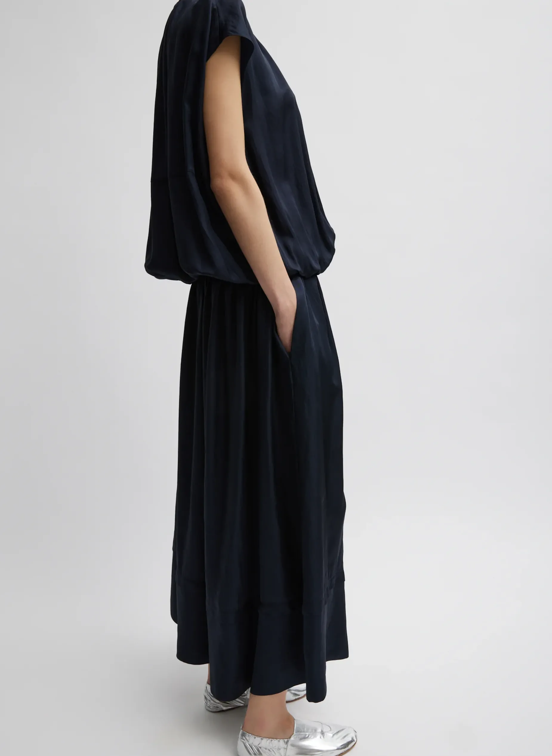 Dresses>Tibi Spring Acetate Shirred Circular Dress Dark Navy