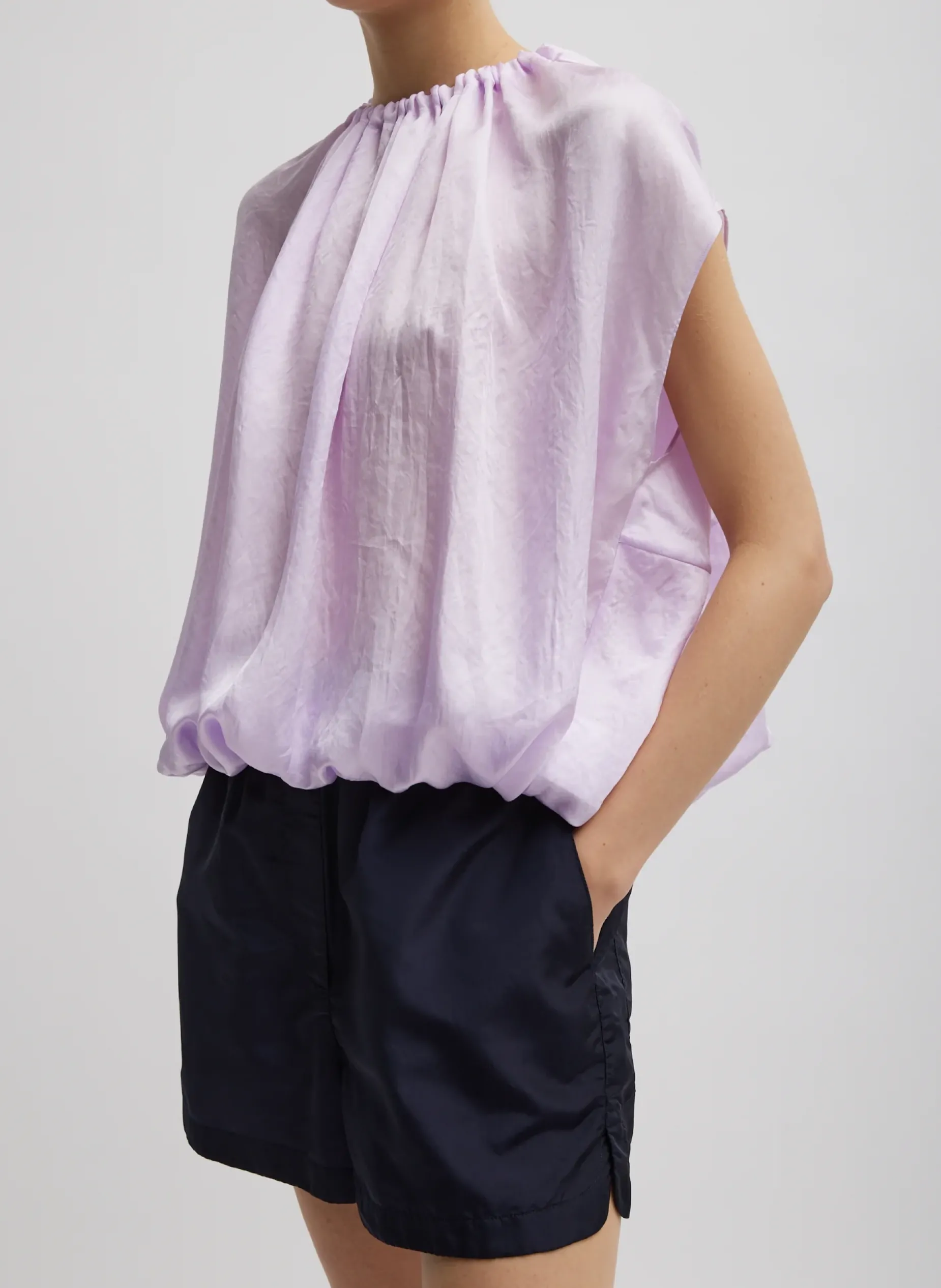 Tops>Tibi Spring Acetate Shirred Neck Circular Top Pale Lavender