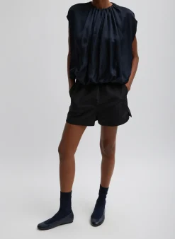 Tops>Tibi Spring Acetate Shirred Neck Circular Top Dark Navy
