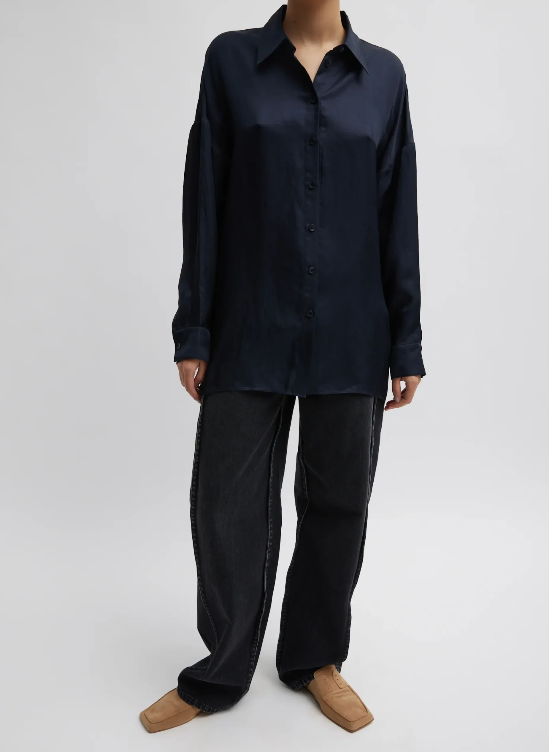 Tops>Tibi Spring Acetate Shirt With Cocoon Back Dark Navy
