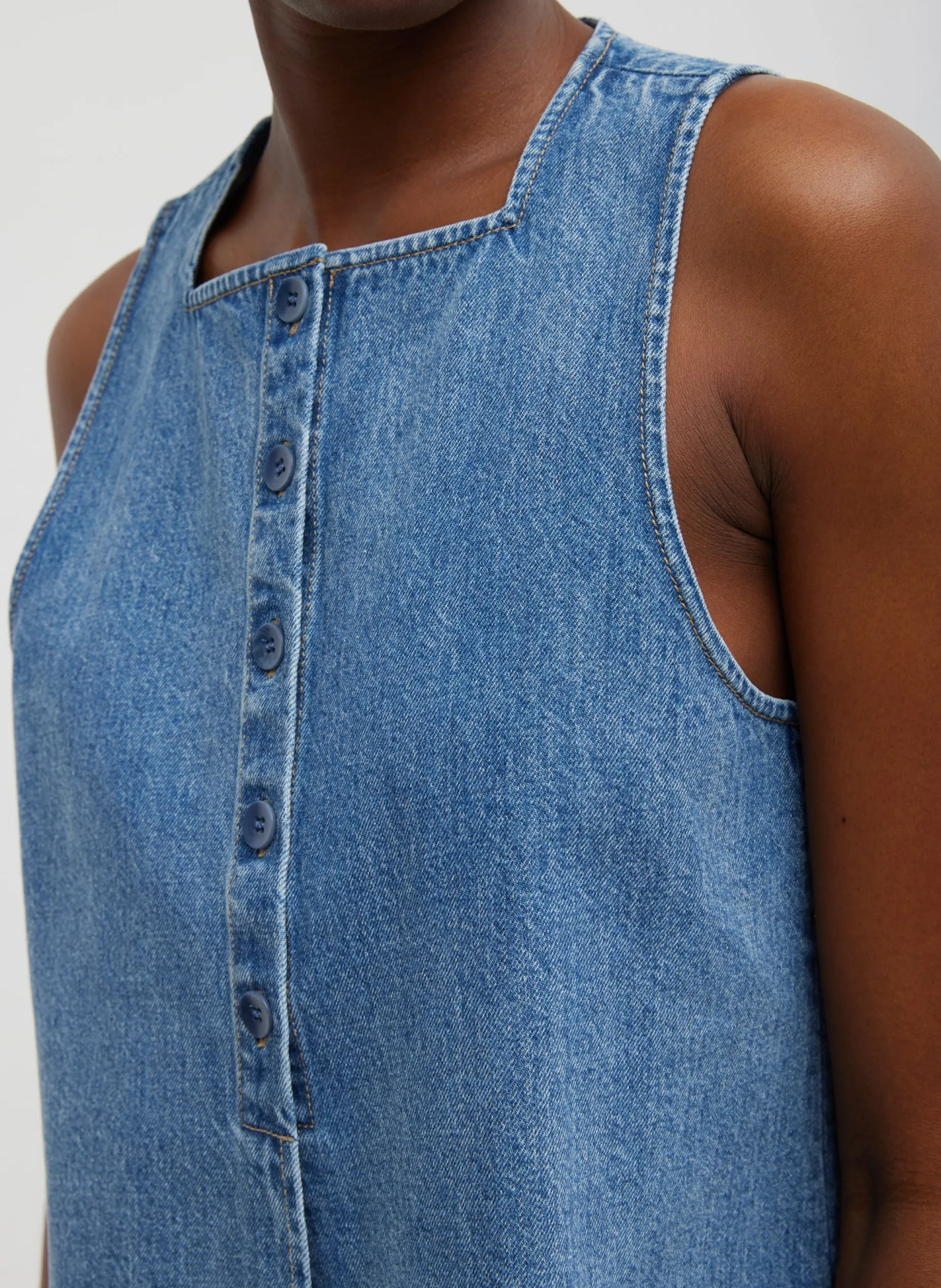 Denim|Tops>Tibi Spring Denim Slit Front Sleeveless Top Classic Blue