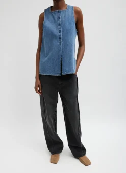 Denim|Tops>Tibi Spring Denim Slit Front Sleeveless Top Classic Blue