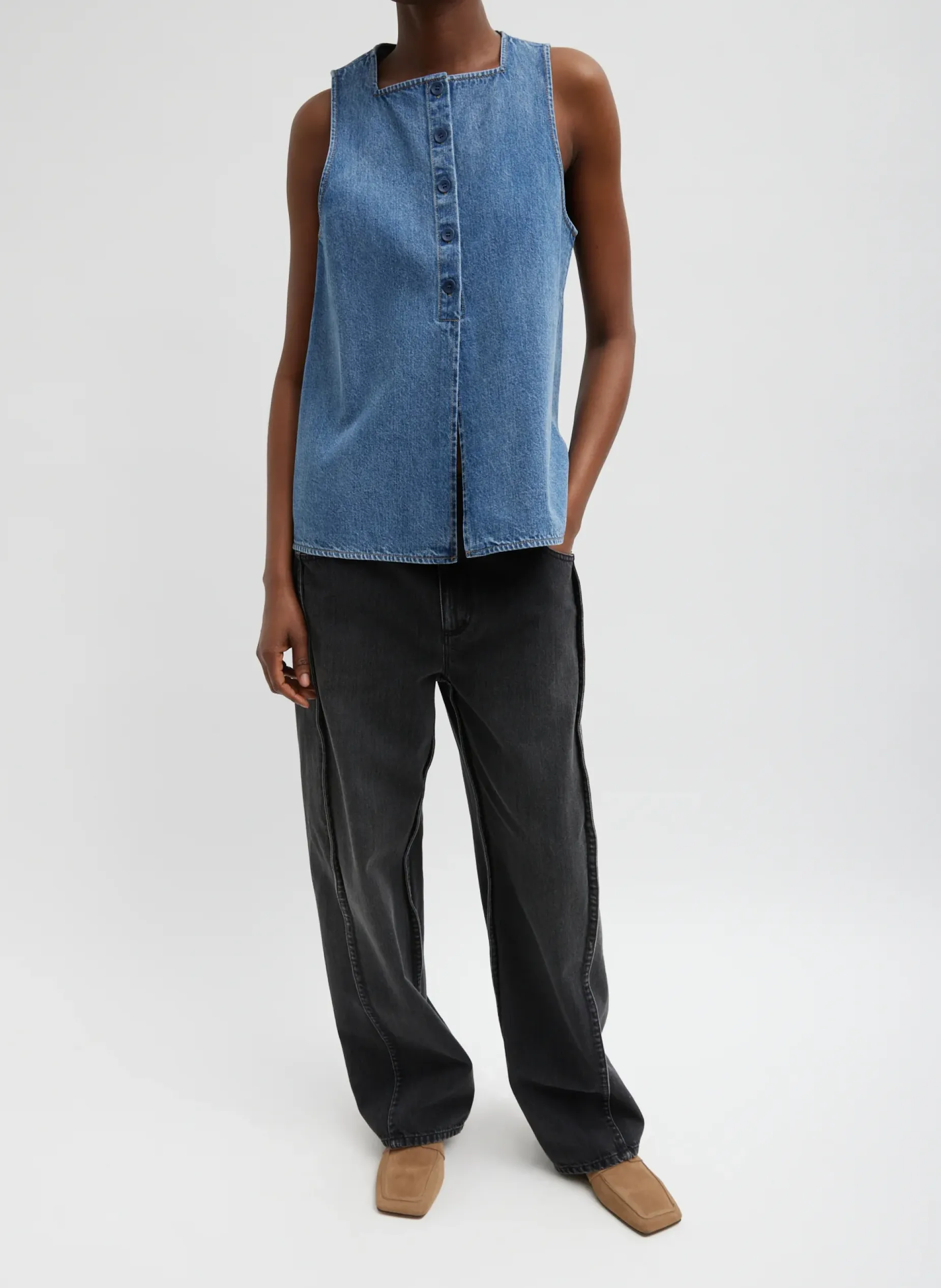Denim|Tops>Tibi Spring Denim Slit Front Sleeveless Top Classic Blue