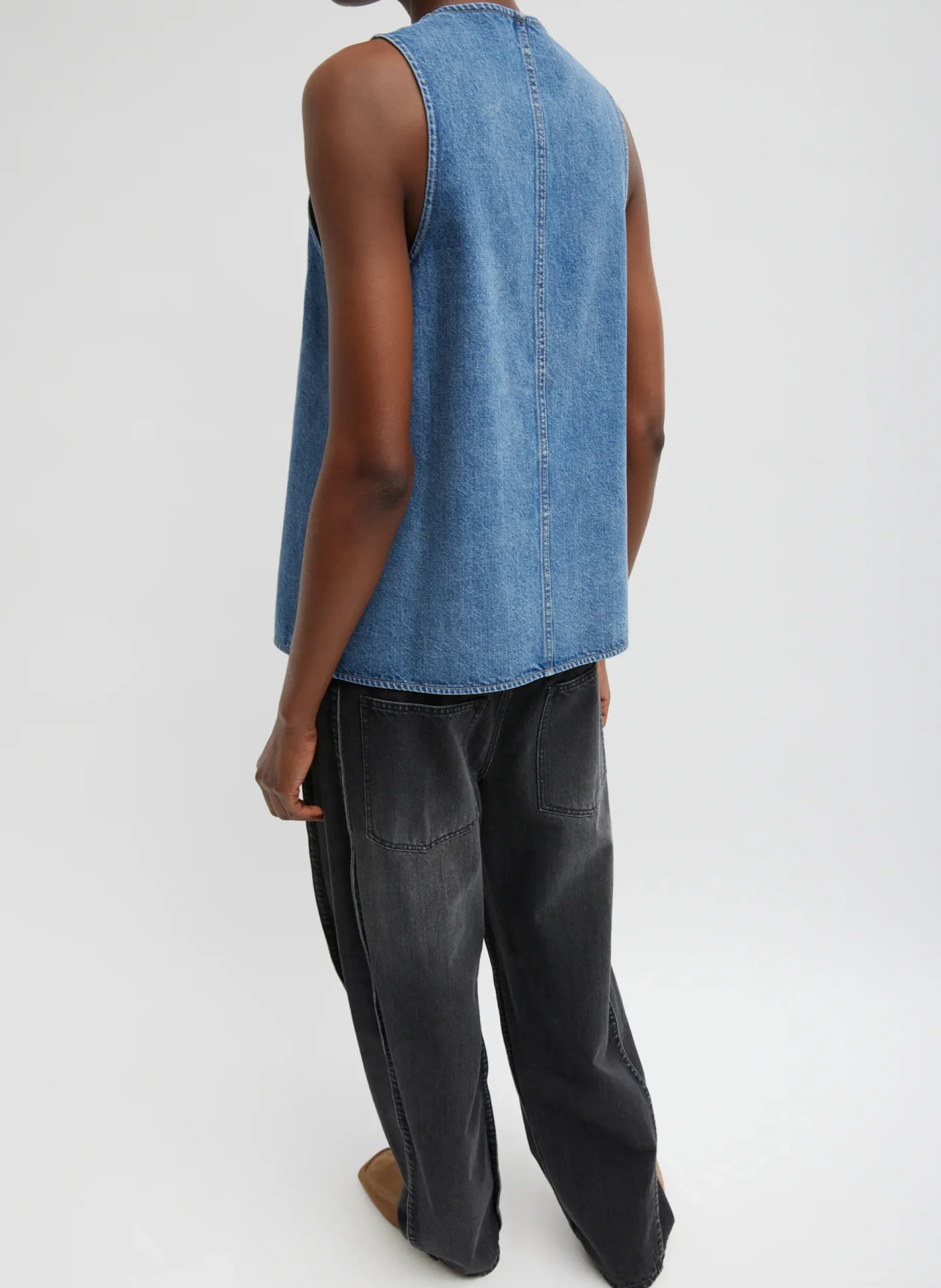 Denim|Tops>Tibi Spring Denim Slit Front Sleeveless Top Classic Blue