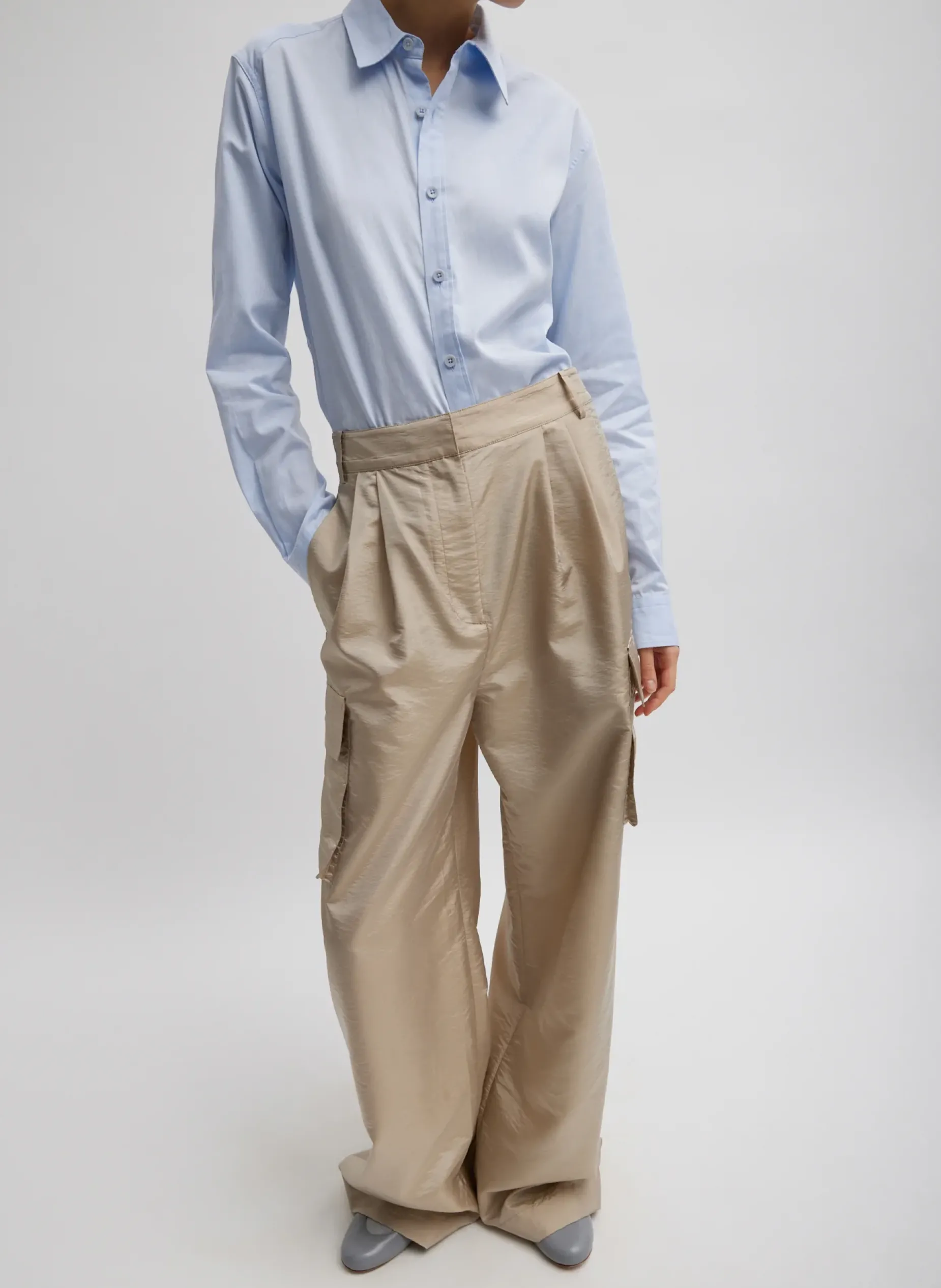Pants & Shorts|Fundamentals - WOFs>Tibi Stella Crispy Nylon Pleated Cargo Pant Desert Sand