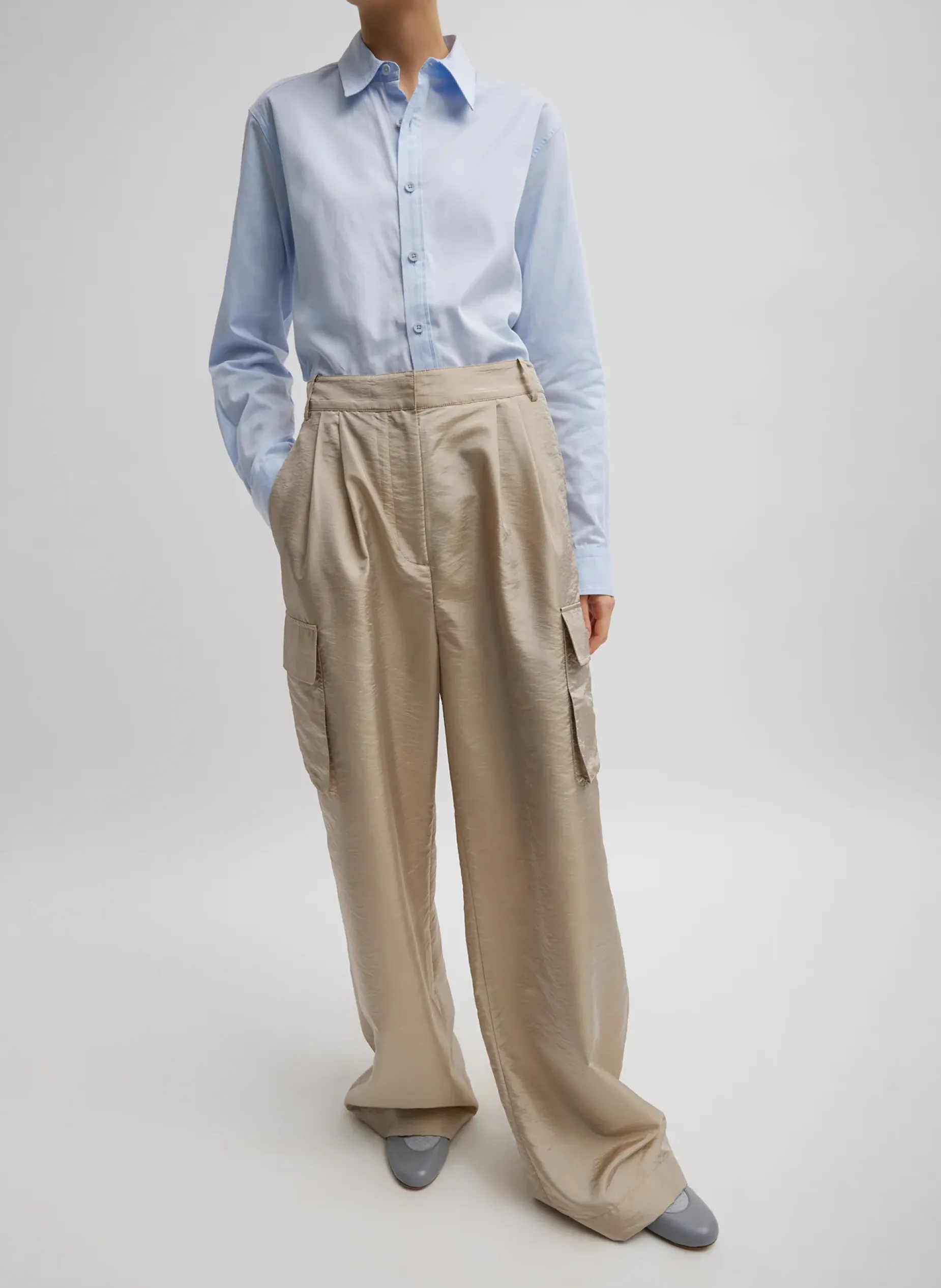 Pants & Shorts|Fundamentals - WOFs>Tibi Stella Crispy Nylon Pleated Cargo Pant Desert Sand