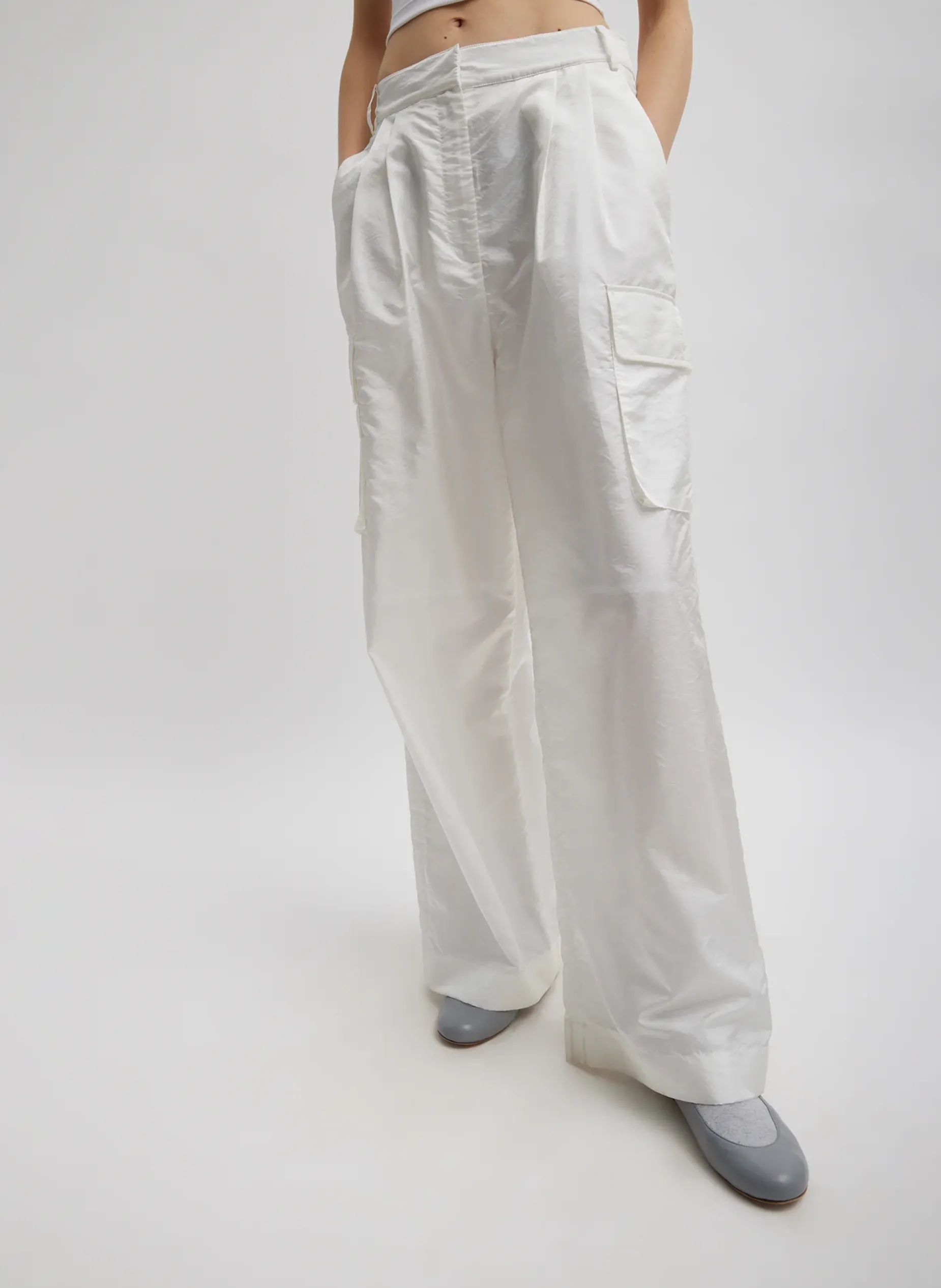 Pants & Shorts|Fundamentals - WOFs>Tibi Stella Crispy Nylon Pleated Cargo Pant White