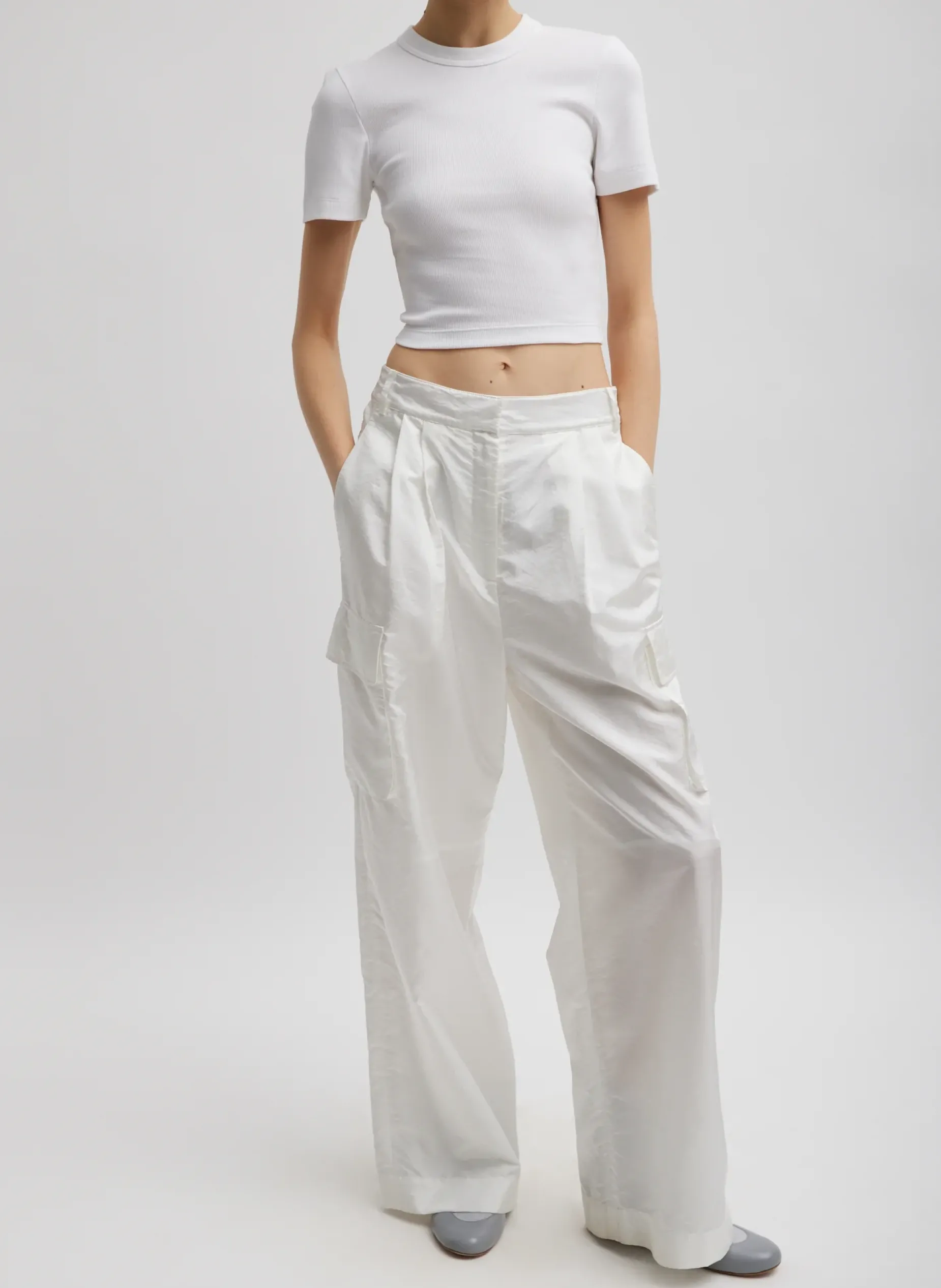 Pants & Shorts|Fundamentals - WOFs>Tibi Stella Crispy Nylon Pleated Cargo Pant White