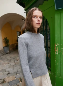 Knitwear & Sweatshirts>Tibi Stretch Cashmere Crewneck Pullover Heather Grey