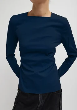 Tops>Tibi Stretch Cotton Nylon Square Neck Slim Circular Sleeve Top Navy Blue