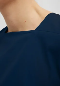 Tops>Tibi Stretch Cotton Nylon Square Neck Slim Circular Sleeve Top Navy Blue