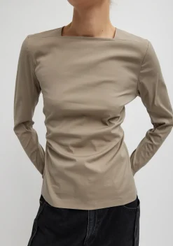 Tops>Tibi Stretch Cotton Nylon Square Neck Slim Circular Sleeve Top Mink Grey