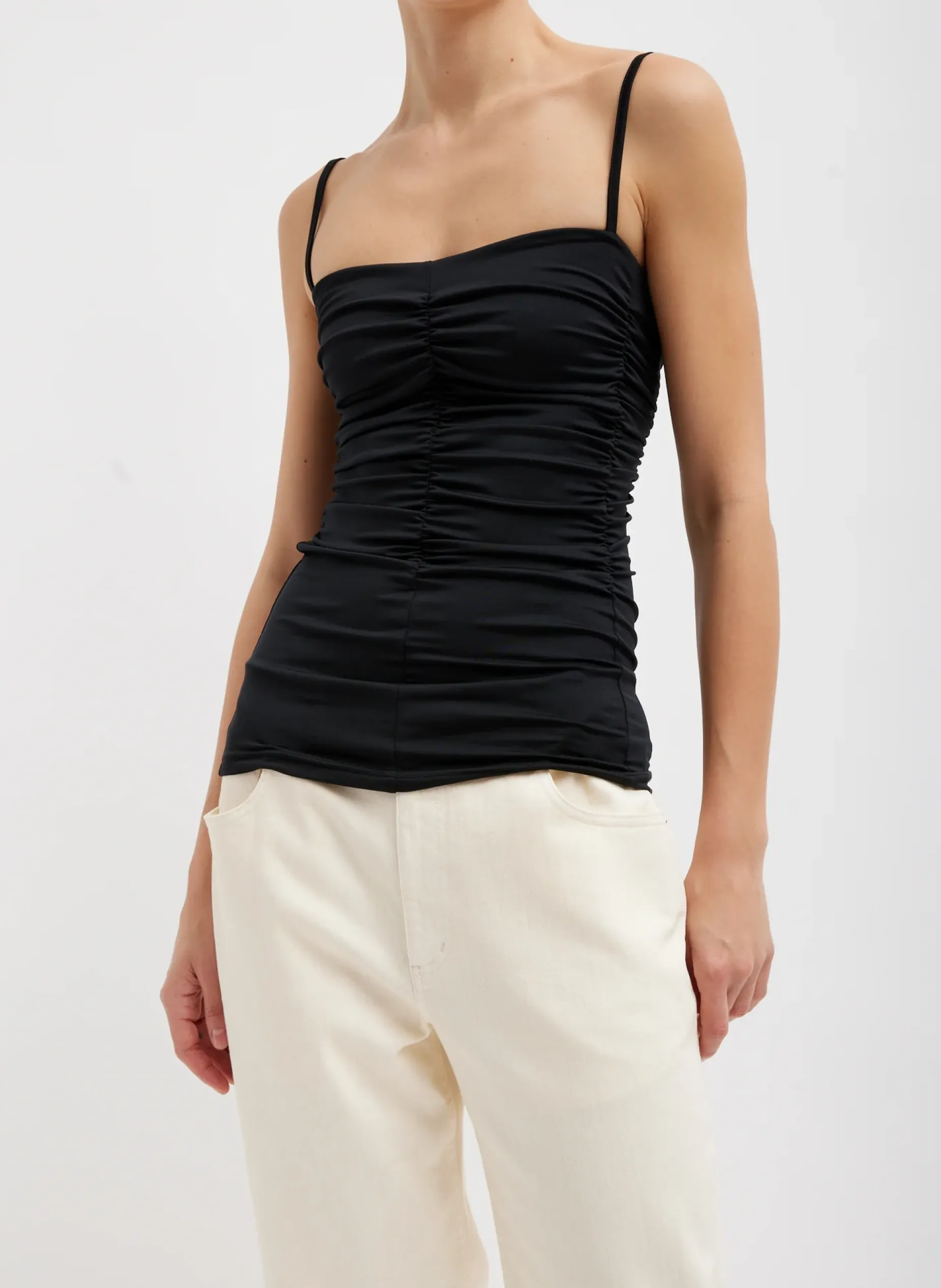 Tops>Tibi Stretch Light Weight Tech Knit Shirred Cami Black
