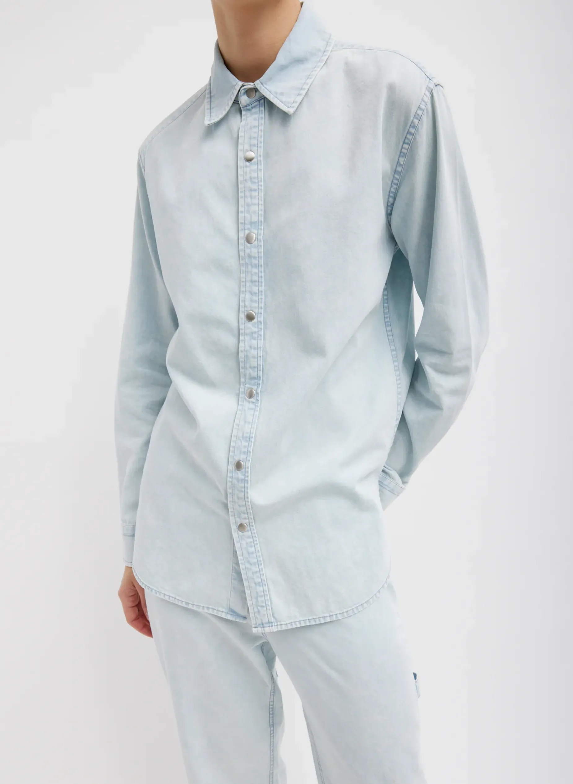 Denim|Tops>Tibi Summer Denim Charlie Slim Men's Shirt Bleached Denim