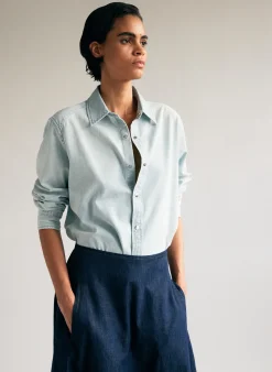 Denim|Tops>Tibi Summer Denim Charlie Slim Men's Shirt Bleached Denim