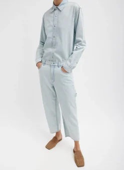 Denim|Pants & Shorts>Tibi Summer Denim Cropped Slouchy Cargo Jean Bleached Denim
