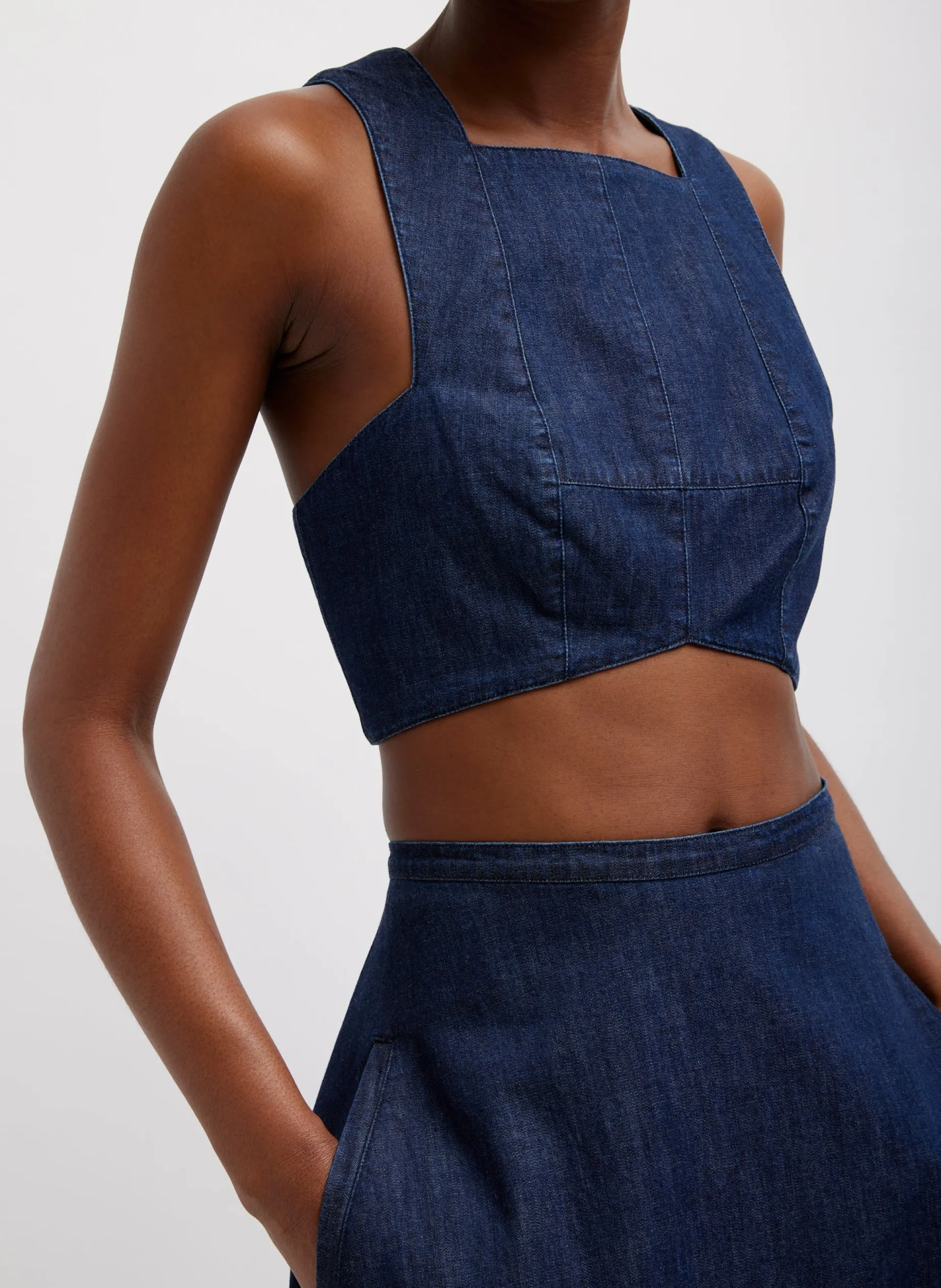 Denim|Tops>Tibi Summer Denim Square Neck Cropped Top Indigo