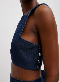Denim|Tops>Tibi Summer Denim Square Neck Cropped Top Indigo