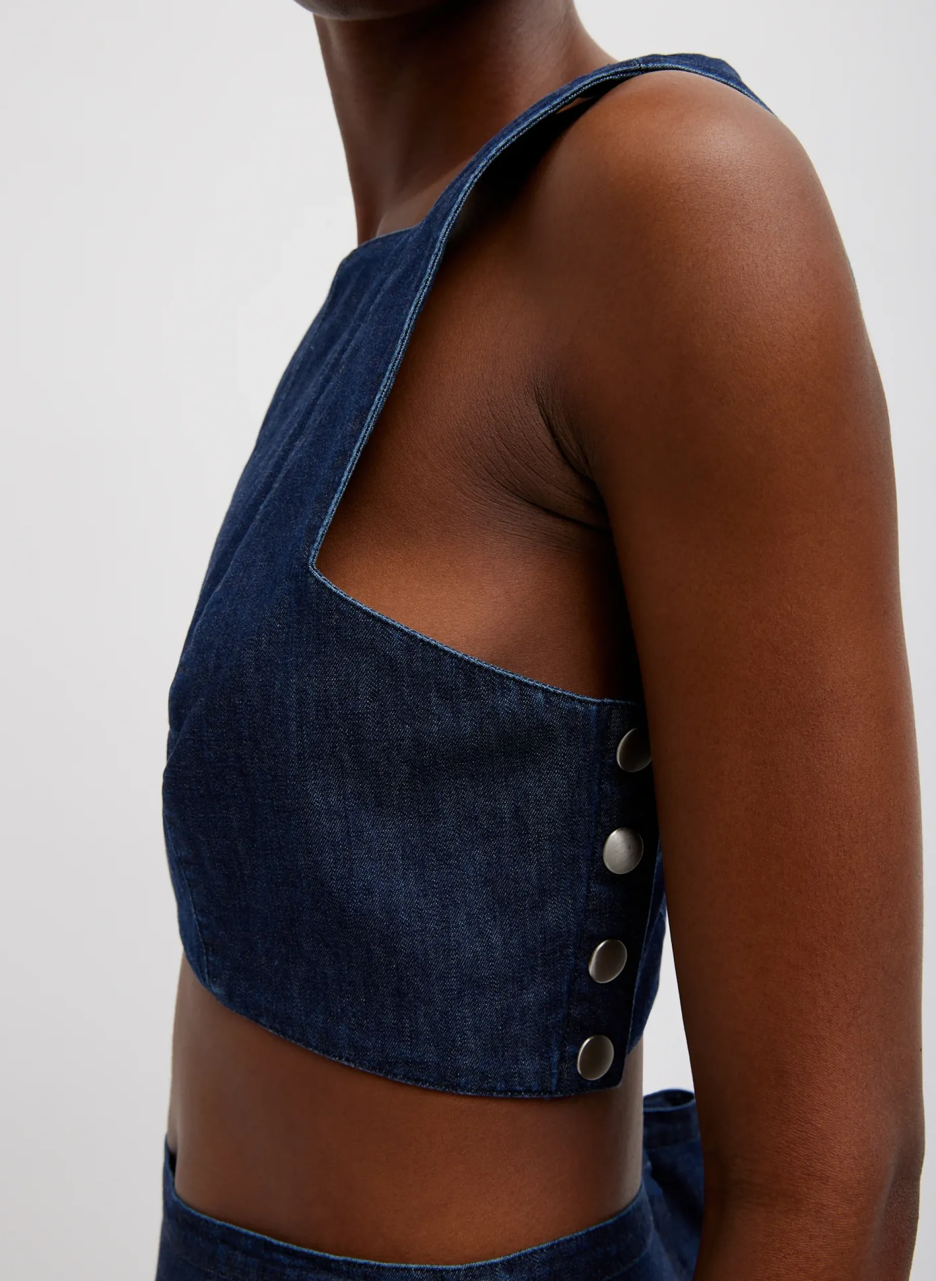 Denim|Tops>Tibi Summer Denim Square Neck Cropped Top Indigo