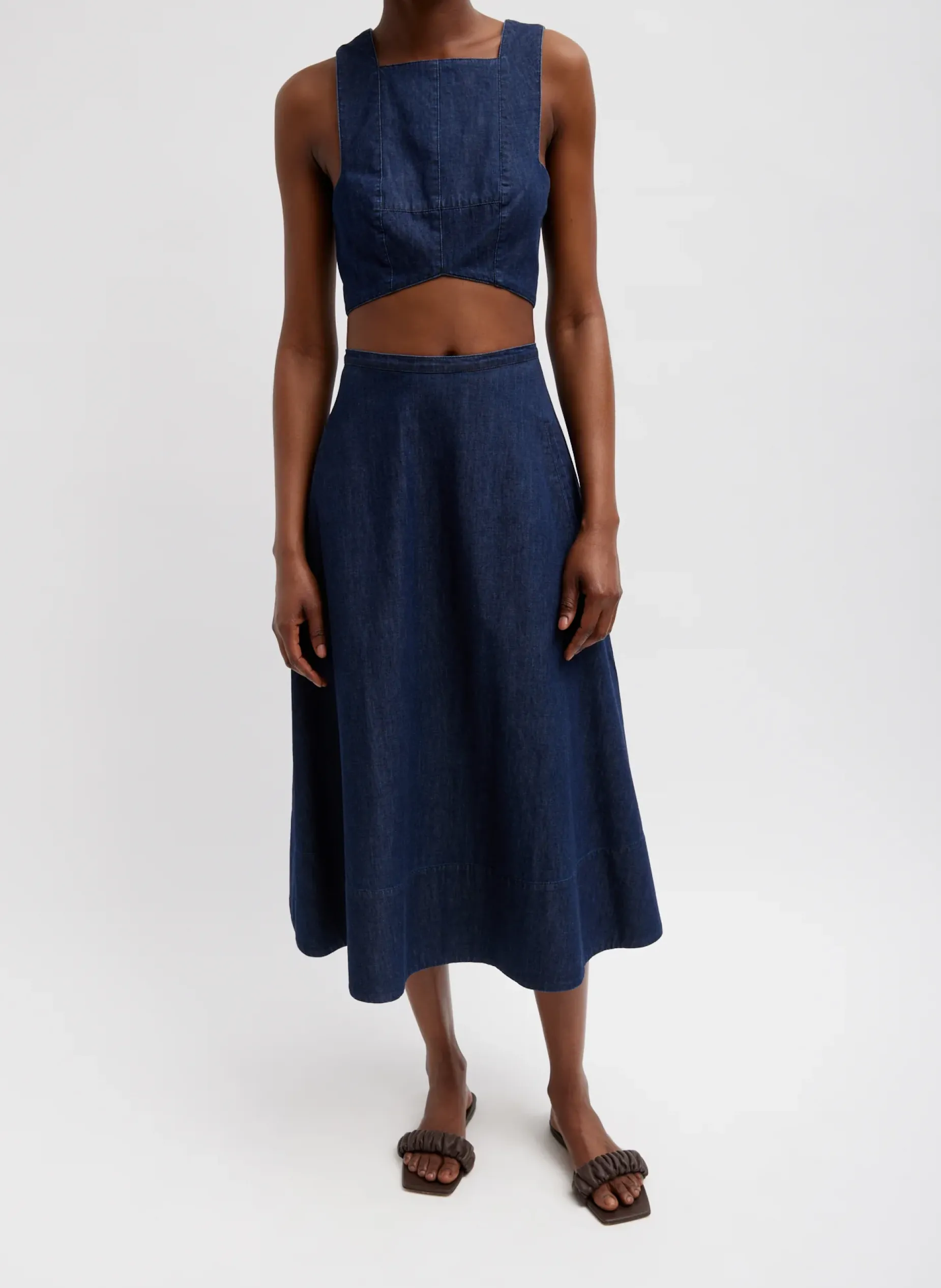 Denim|Tops>Tibi Summer Denim Square Neck Cropped Top Indigo