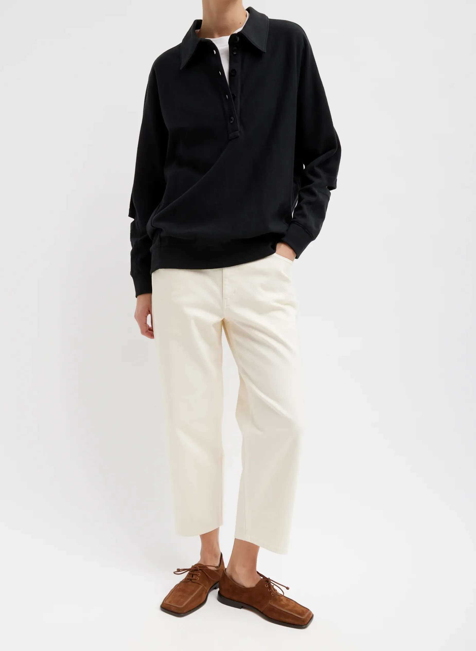 Leisure Sets|Knitwear & Sweatshirts>Tibi Summer Sweatshirting Polo Collar Sweatshirt Black