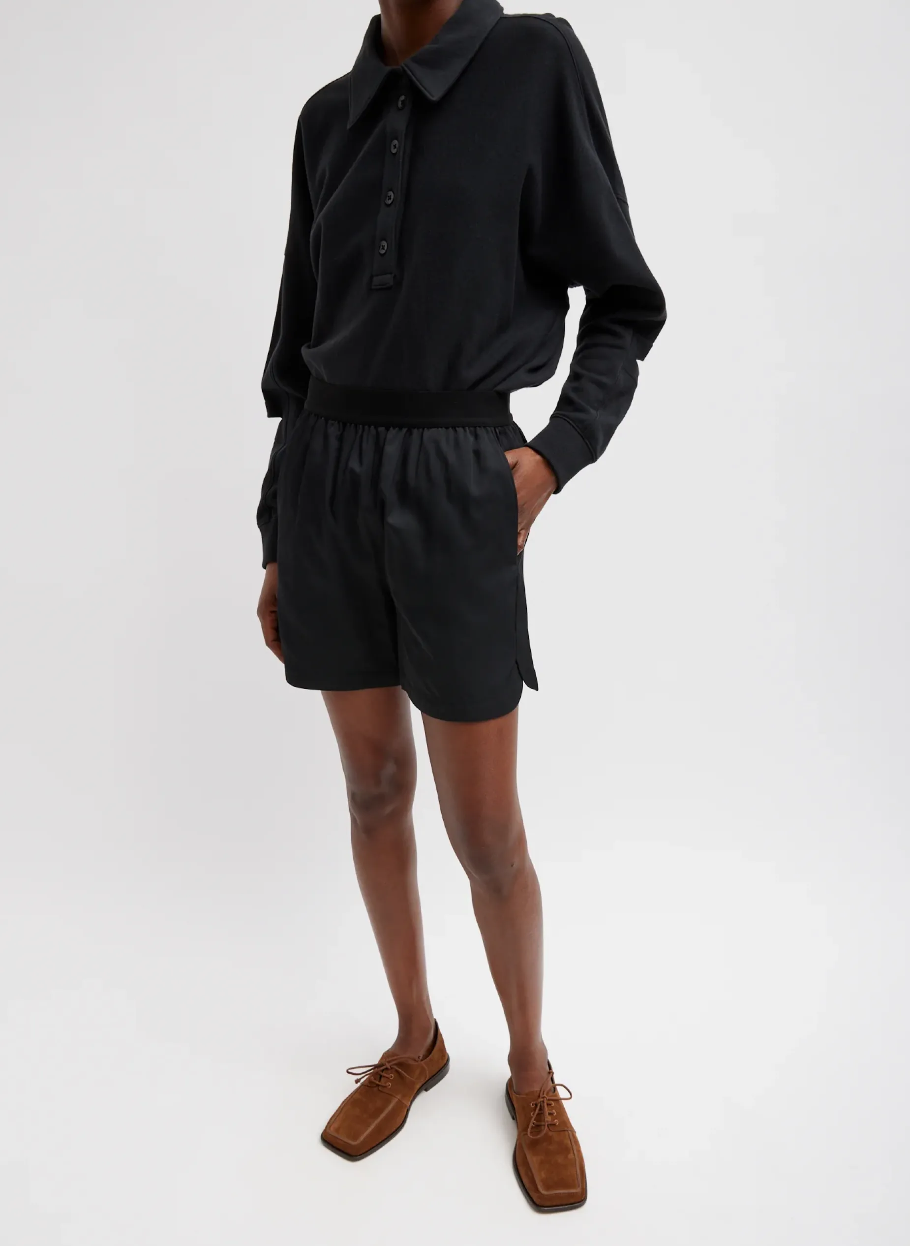 Leisure Sets|Knitwear & Sweatshirts>Tibi Summer Sweatshirting Polo Collar Sweatshirt Black