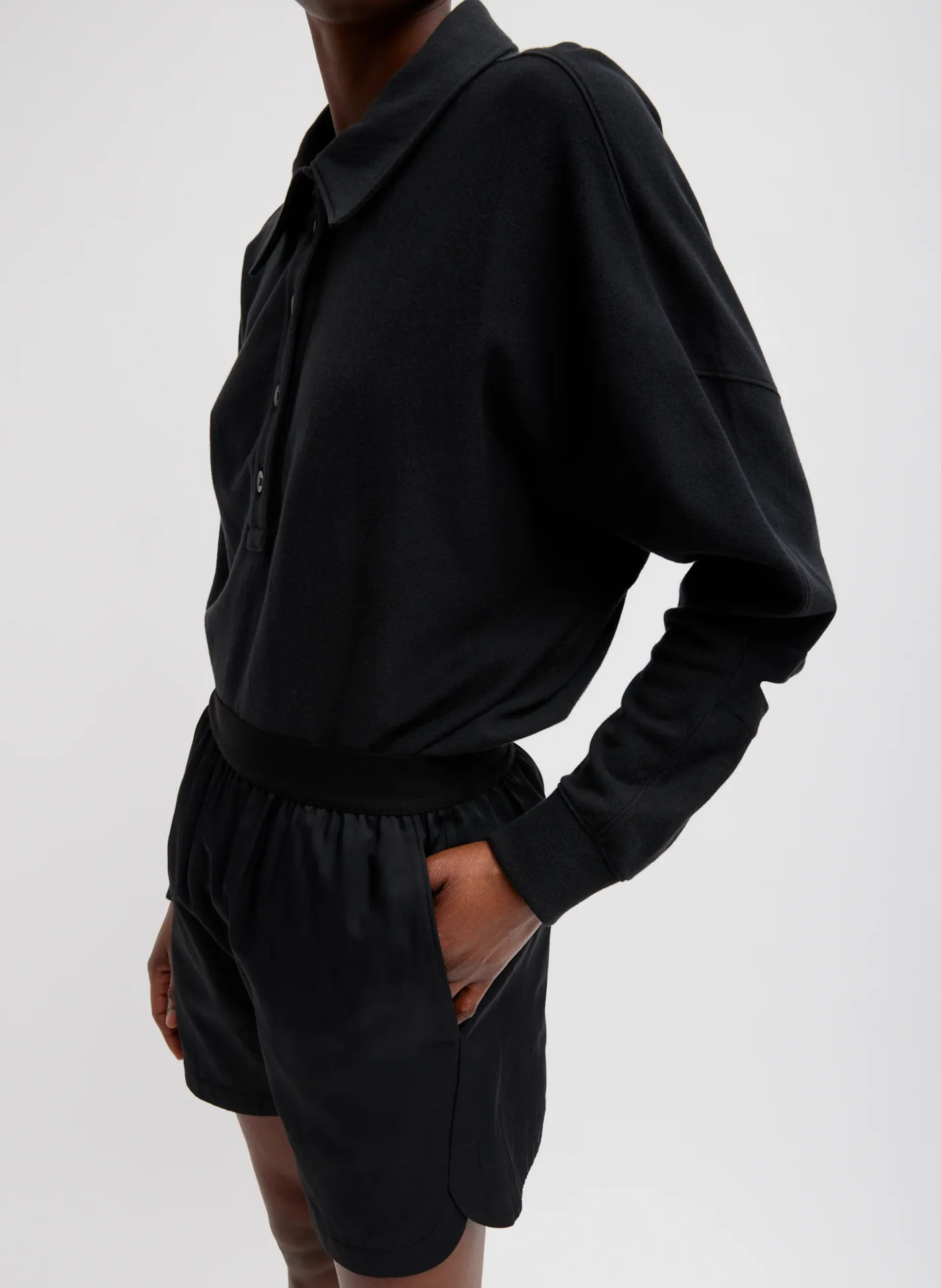 Leisure Sets|Knitwear & Sweatshirts>Tibi Summer Sweatshirting Polo Collar Sweatshirt Black