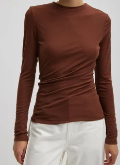 Tops>Tibi Tencel Knit Twisted Seam Long Sleeve T-Shirt Brown