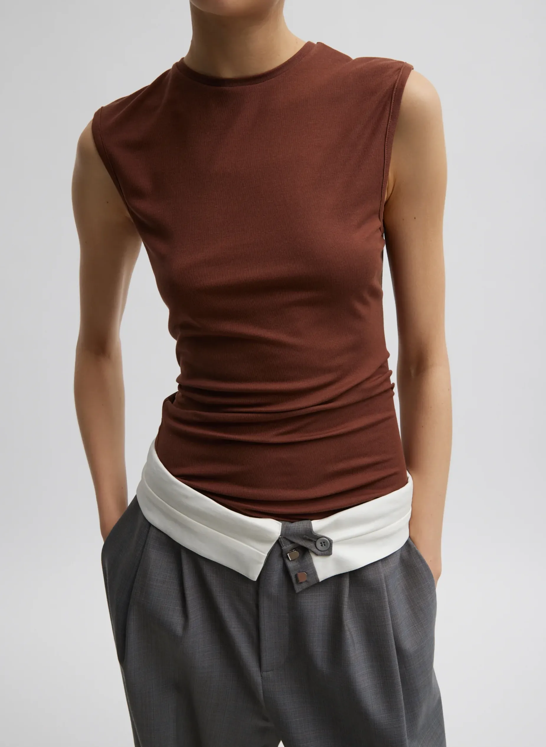 Tops>Tibi Tencel Knit Twisted Seam Tank Brown
